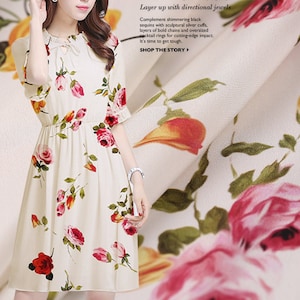 Rose Floral Print Beige 100% Pure Silk Crepe de Chine Fabric Width 44 inch