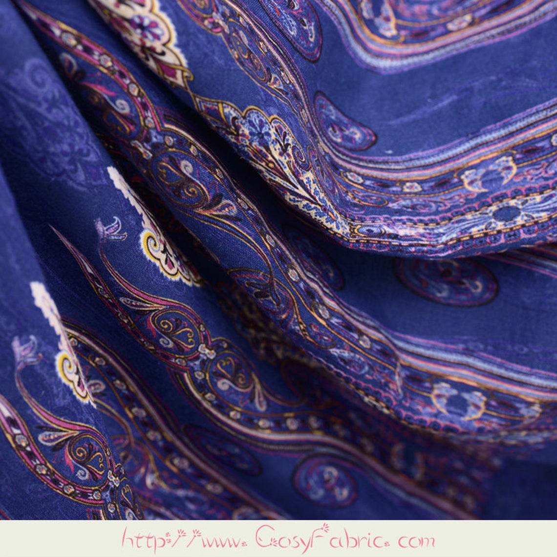 Retro Paisley Print Navy Blue Silk Linen Blend Fabric By The | Etsy
