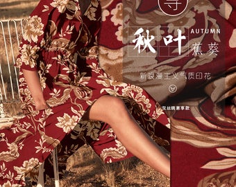 Gorgeous Floral Print Dark Red 100% Pure Silk Crepe de Chine Fabric Width 53 inch