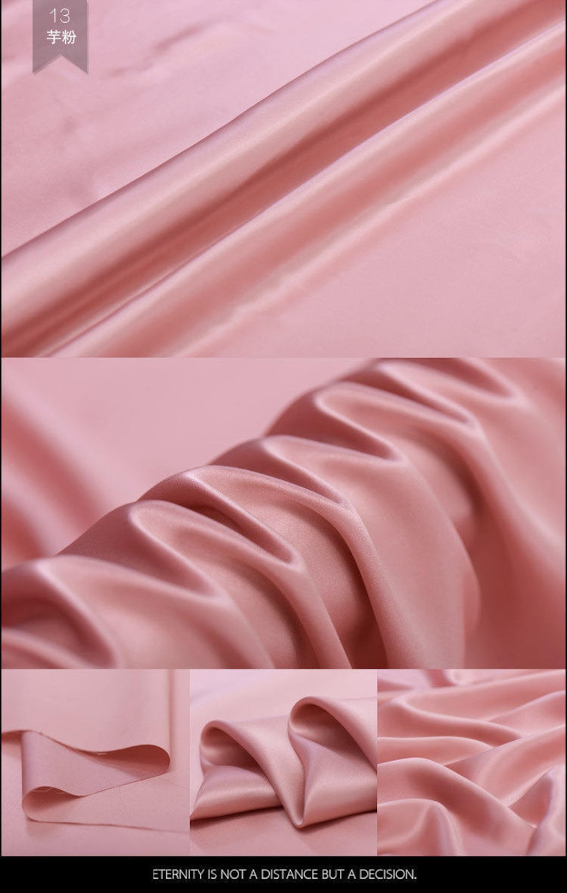 May include: Close-up of a flowing, blush pink fabric with a satin sheen. The fabric is draped in soft folds, creating a sense of movement and texture. The text "Eternity is not a distance but a decision" is at the bottom.