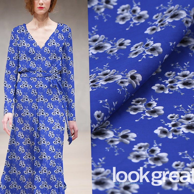 Gray Floral Print Silk Cotton Blend Fabric Blue Fabrics Cloth - Etsy