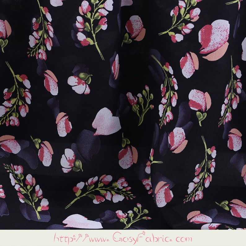 Floral Print 100/% Pure Silk Fabric Black Crepe de Chine Fabrics for Fashion Dress Width 44 inch