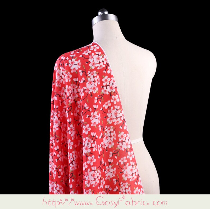 Cherry Blossom Floral Print Red Pure Silk Crepe De Chine Etsy