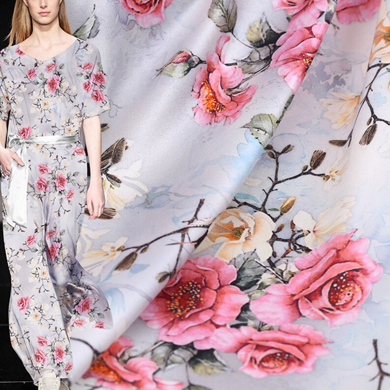 Floral Print Gray Stretch Silk Satin Fabric Fabrics Cloth for Etsy