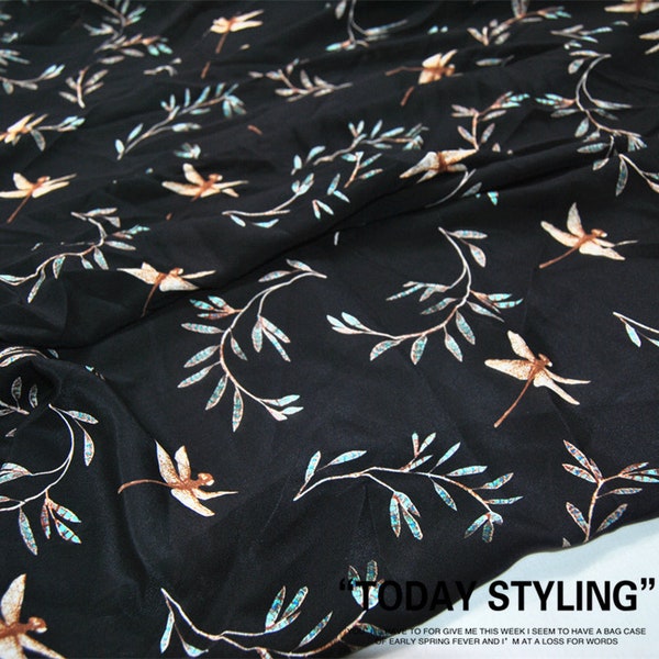 Leaf Leaves Dragonfly Print Black 100% Pure Silk Fabric Crepe de Chine Fabrics for Sewing Width 55 inch