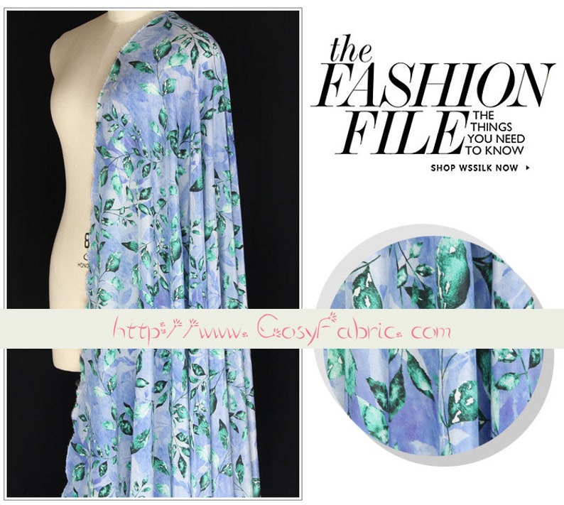 Leaves Leaf Print Blue 100% Silk Crepe de Chine Fabric for Dress Width 53 inch image 4
