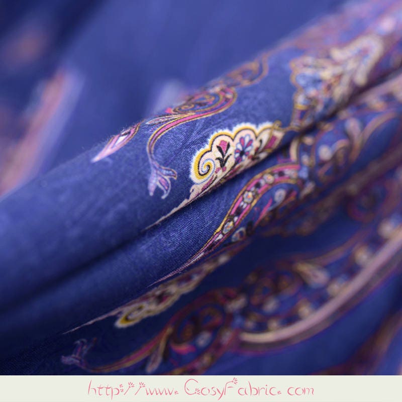 Retro Paisley Print Navy Blue Silk Linen Blend Fabric By The | Etsy