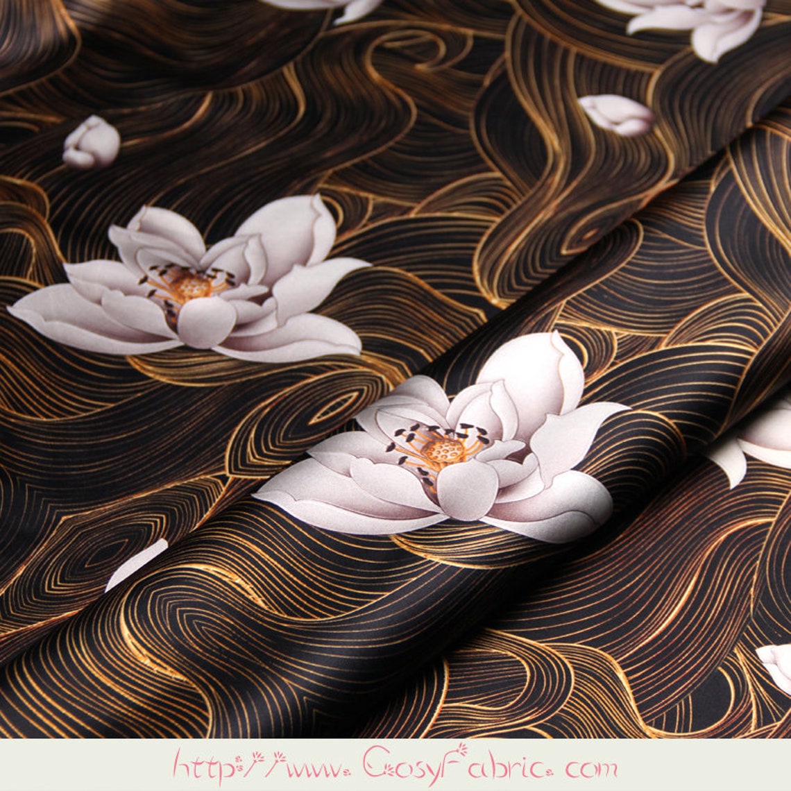 Lotus Flowers Print Stretch Silk Satin Fabric Fabrics Cloth Etsy