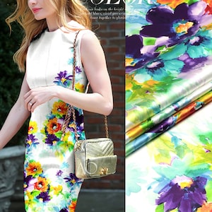 Watercolor Floral Print White Stretch Silk Satin Fabric By The 1.1 Metre