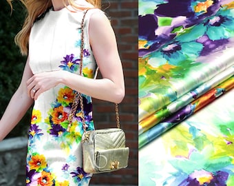 Watercolor Floral Print White Stretch Silk Satin Fabric By The 1.1 Metre