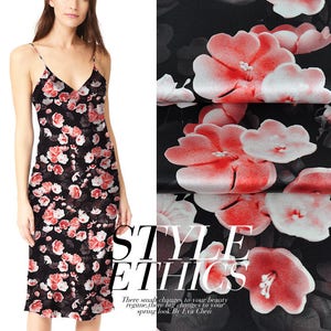 Pink Floral Print Black Stretch Silk Satin Fashion Dress Fabric Width 46 inch