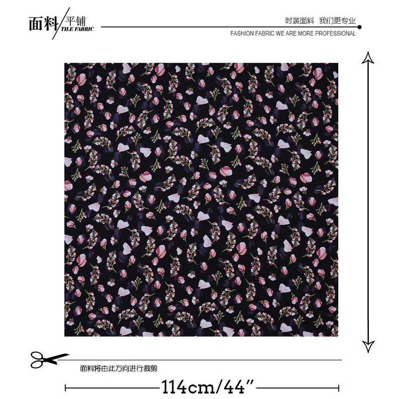 Floral Print 100/% Pure Silk Fabric Black Crepe de Chine Fabrics for Fashion Dress Width 44 inch