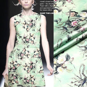 Floral Bird Print Light Green Stretch Silk Satin Fabric Width 46 inch