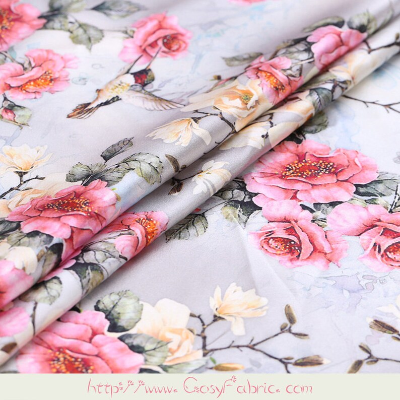 Floral Print Gray Stretch Silk Satin Fabric Fabrics Cloth for Etsy