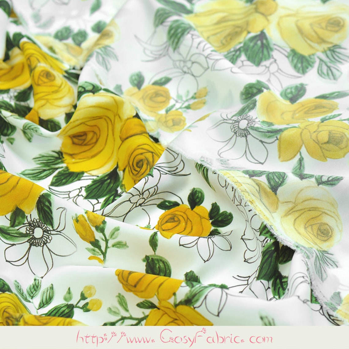 Rose Yellow Floral Print White Stretch Silk Fabric by the Yard Width 44 ...