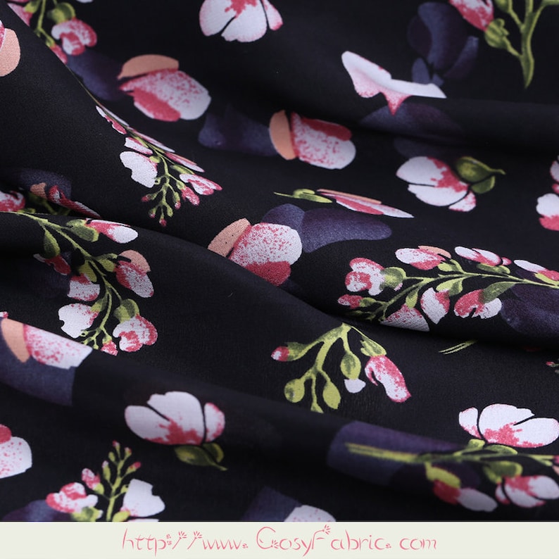 Floral Print 100/% Pure Silk Fabric Black Crepe de Chine Fabrics for Fashion Dress Width 44 inch