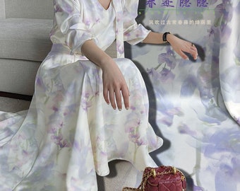 Watercolor Flowers Floral Print Stretch Real Silk Fabric, White Silk Double Joe Fabrics Cloth for Fashion Width 55 inch