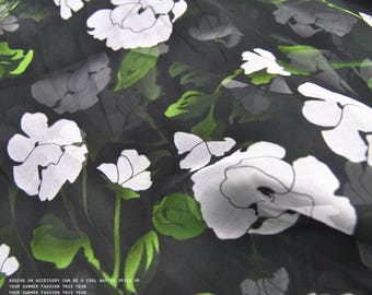 White Floral Print Black 100% Pure Silk Chiffon Fabric Width 53 inch