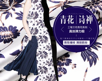 Blue Floral Print White Stretch Silk Satin Fashion Fabric Width 46 inch