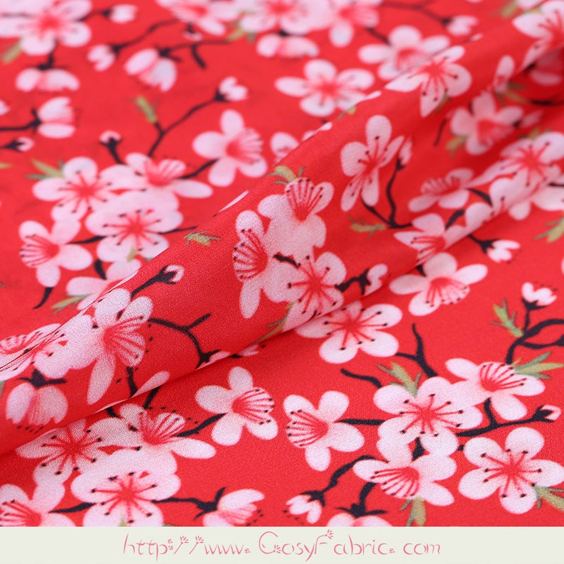 Cherry Blossom Floral Print Red Pure Silk Crepe De Chine Etsy