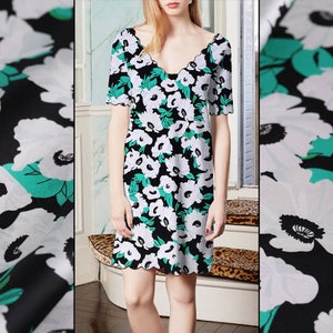 Modern Floral Foliage Print Black Stretch Silk Fabric By The Yard Width 42 inch