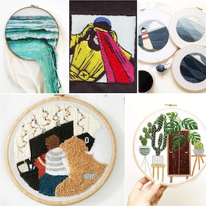 May include: A collection of five embroidery hoops with different designs. The hoops are made of wood and have a white background. The designs include a seascape, a person in a yellow robe and red cape, a lighthouse, a cactus and a cabinet, and a geometric pattern.