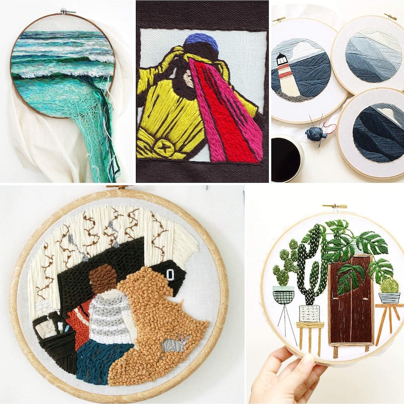 May include: A collection of five embroidery hoops with different designs. The hoops are made of wood and have a white background. The designs include a seascape, a person in a yellow robe and red cape, a lighthouse, a cactus and a cabinet, and a geometric pattern.