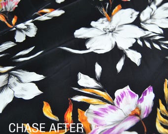 Floral Print Black 100% Pure Silk Crepe de Chine Fabric Width 44 inch