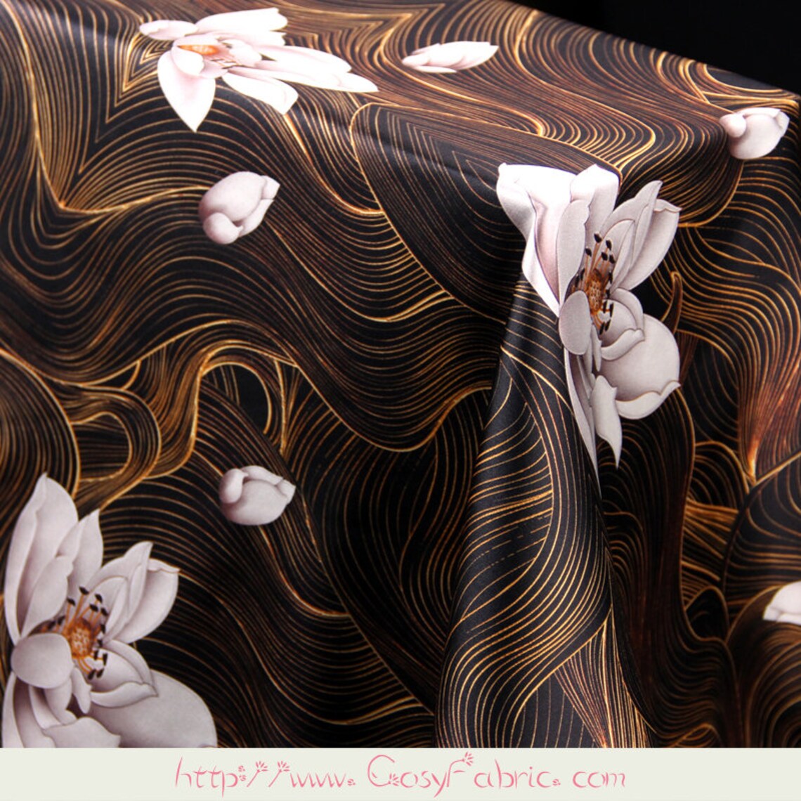 Lotus Flowers Print Stretch Silk Satin Fabric Fabrics Cloth Etsy