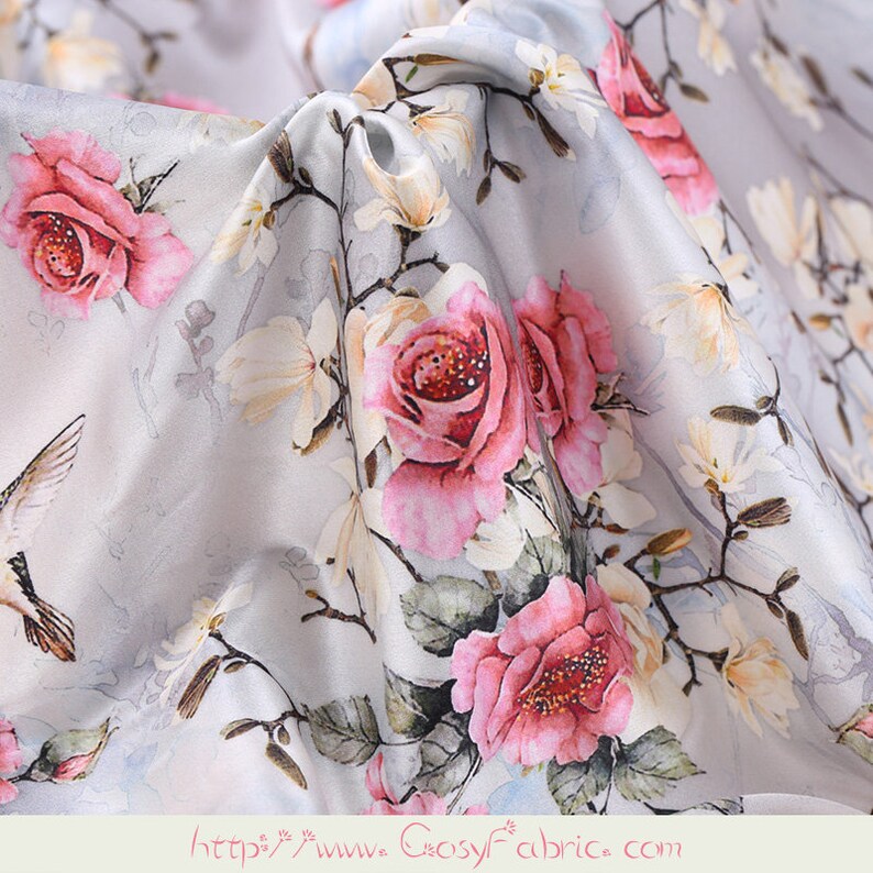 Floral Print Gray Stretch Silk Satin Fabric Fabrics Cloth for Etsy