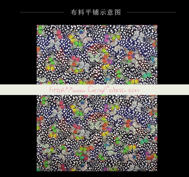 Butterfly Print Navy Blue Stretch Silk Satin Apparel Fabric Width 46 inch