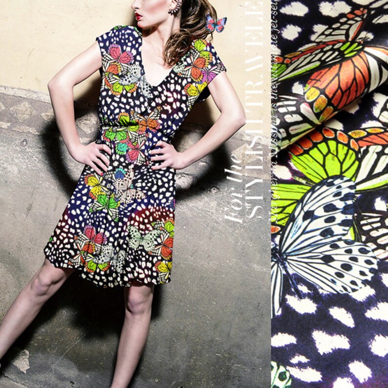 Butterfly Print Navy Blue Stretch Silk Satin Apparel Fabric Width 46 inch