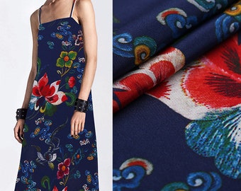 Exotic Floral Print Navy Blue Silk Crepe de Chine Apparel Fabric Width 44 inch