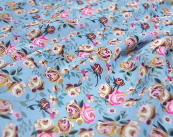 Bright Mini Floral Print Real Silk Fabric Blue Crepe de Chine Fabric for Seweing Width 53 inch