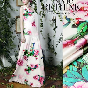 Bird and Peony Floral Print White Stretch Silk Satin Fabric Width 46 inch