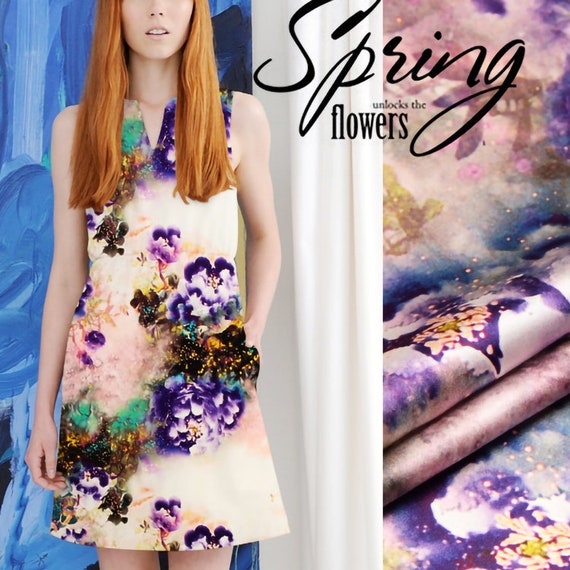 Large Scale Watercolor Floral Print Colorful Stretch Silk Fabric Width 46 inch