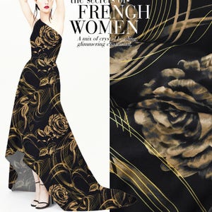 Gold Large Rose Floral Print Black Stretch Silk Satin Fabric Width 46 inch