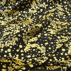 Leaf Leaves Polk Dot Print Black 100% Silk Charmeuse Fabric Gold Printed Soft Satin Fabrics for Dress Width 55 inch
