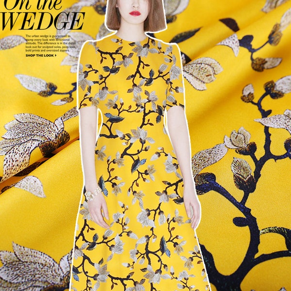 Floral Flowers Print Yellow Stretch Silk Satin Fabric Width 42 inch