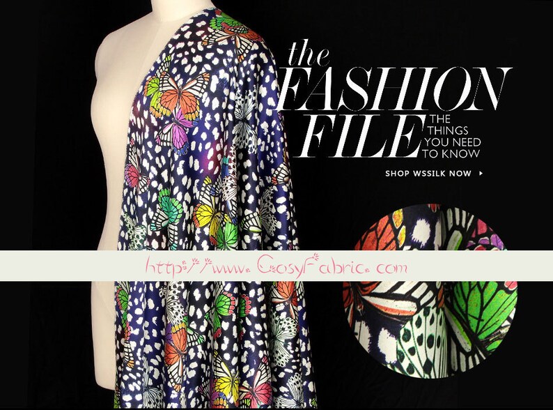 Butterfly Print Navy Blue Stretch Silk Satin Apparel Fabric Width 46 inch