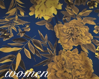 Gold Large Floral Print Dark Blue Pure Silk Crepe de Chine Fabric By The Yard Width 44 inch
