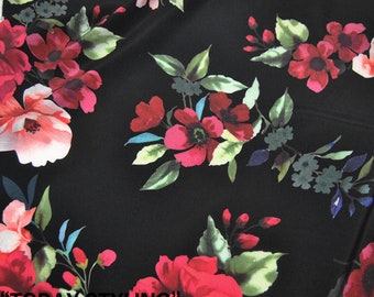 Red Floral Green Leaf Print Black 100% Pure Silk Fabric Crepe de Chine Fabrics for Sewing Width 44 inch