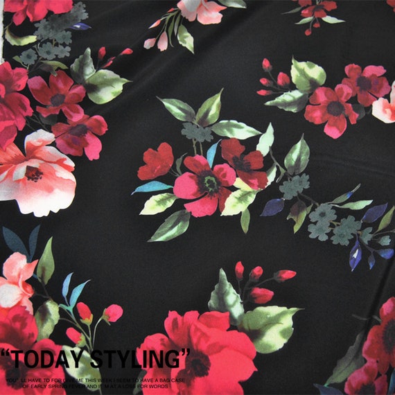 Red Floral Green Leaf Print Black 100% Pure Silk Fabric Crepe De Chine Fabrics  for Sewing Width 44 Inch 