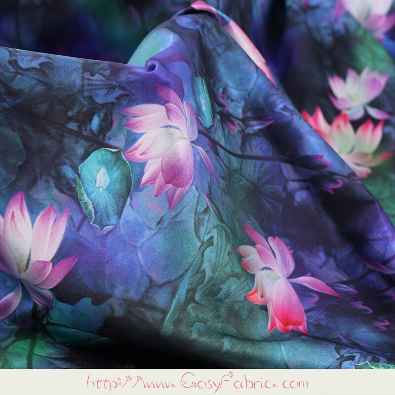 Lotus Floral Foliage Print Stretch Silk Satin Fabric Colorful Etsy