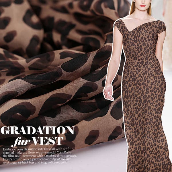 Braun 100% Seide Chiffon Stoff mit Leopard Muster Meterware