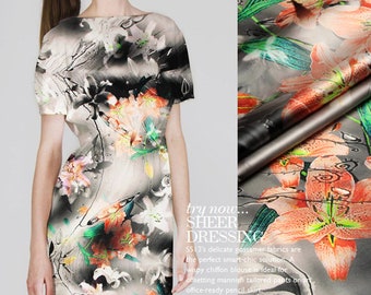 Floral Botanical Vegetables Print Stretch Silk Satin Fabric By The Yard Width 46 inch