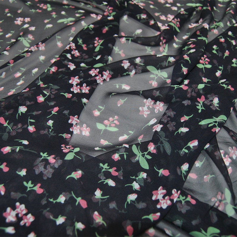 Tiny Floral Print 100% Pure Silk Fabric Black Crepe Georgette - Etsy