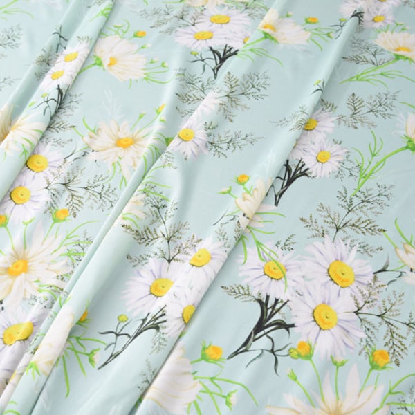 Tissu Satin de Soie Stretch Vert Motifs Fleurs Blanc Jaune Tissu pour robe au Mètre