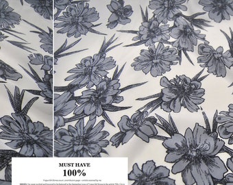 Gray Floral Print 100% Pure Silk White Crepe de Chine Fabric for Apparel Width 55 inch