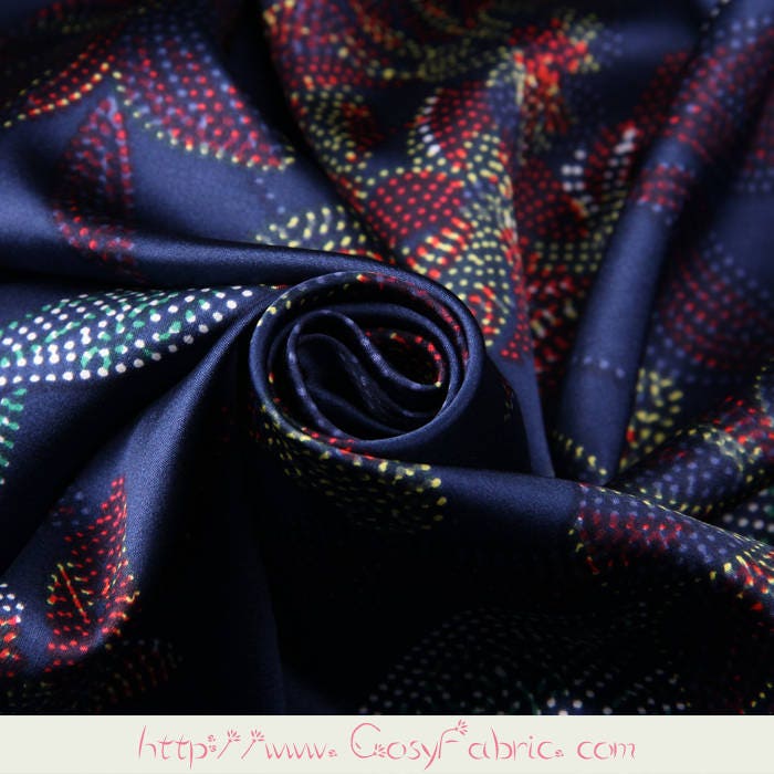 Art Flower Floral Print Navy Blue Stretch Silk Satin Fabric | Etsy